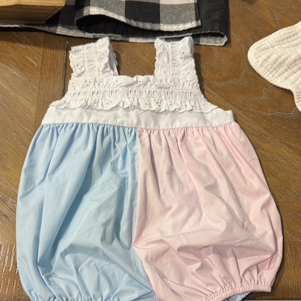 The Beaufort Bonnet Company Blue and Pink Bodysuit